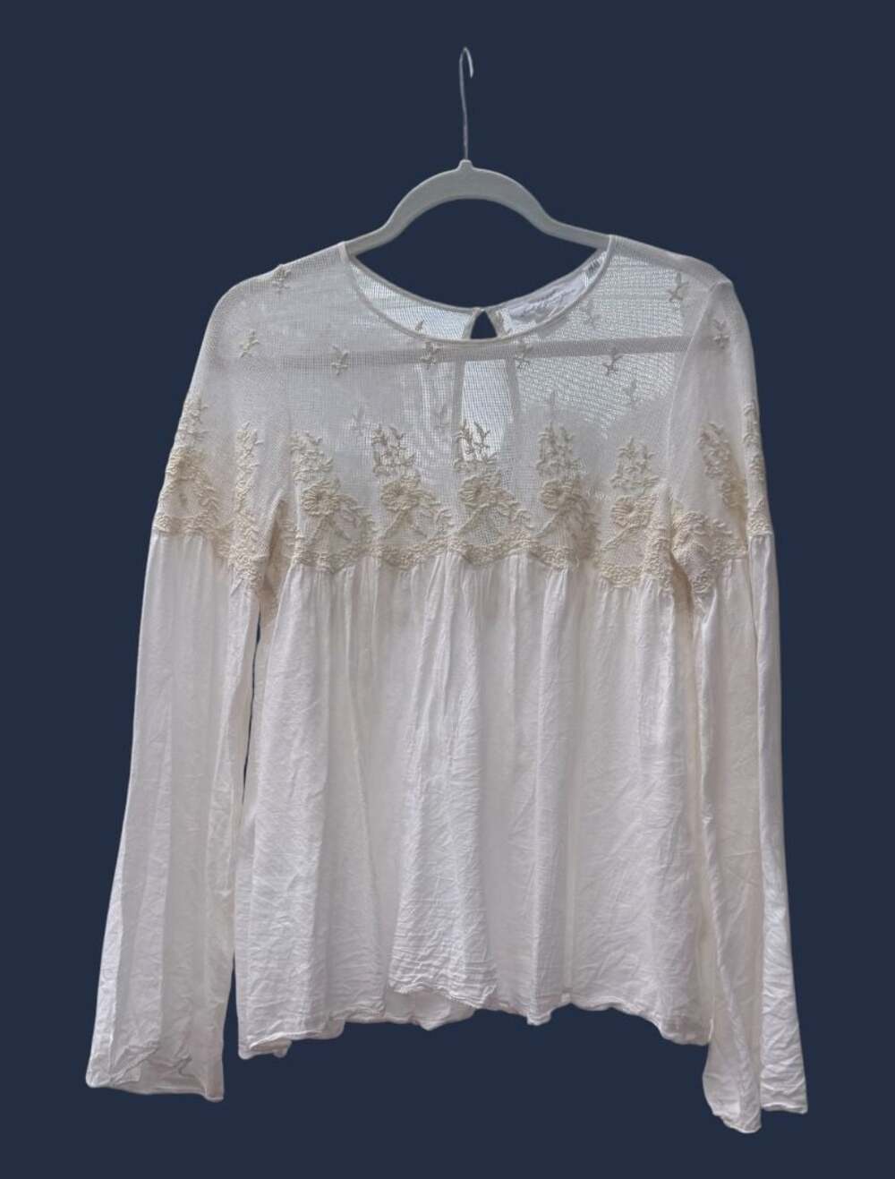 H&M Ivory Embroidered Lace Insert Peasant Blouse
